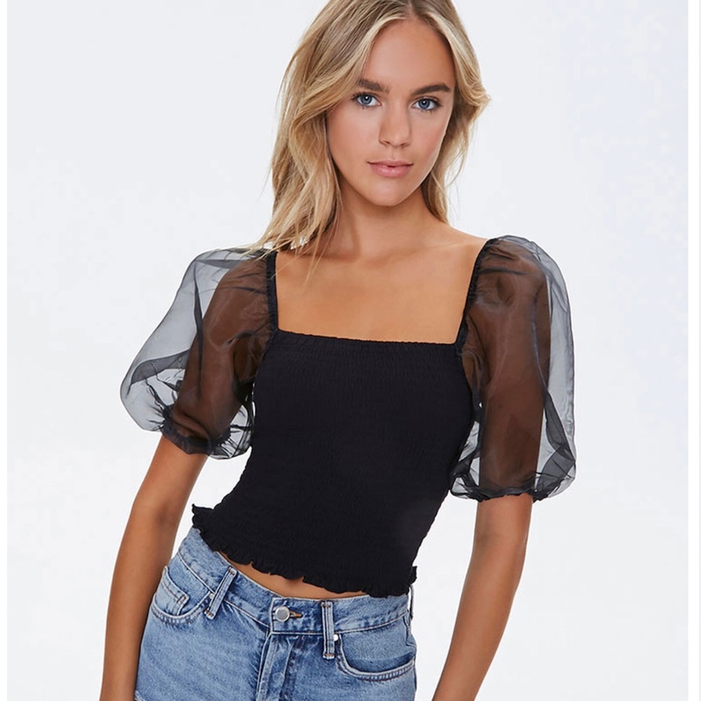 NWT Forever 21 | Black Tulle Sleeve Crop Top Blouse M
